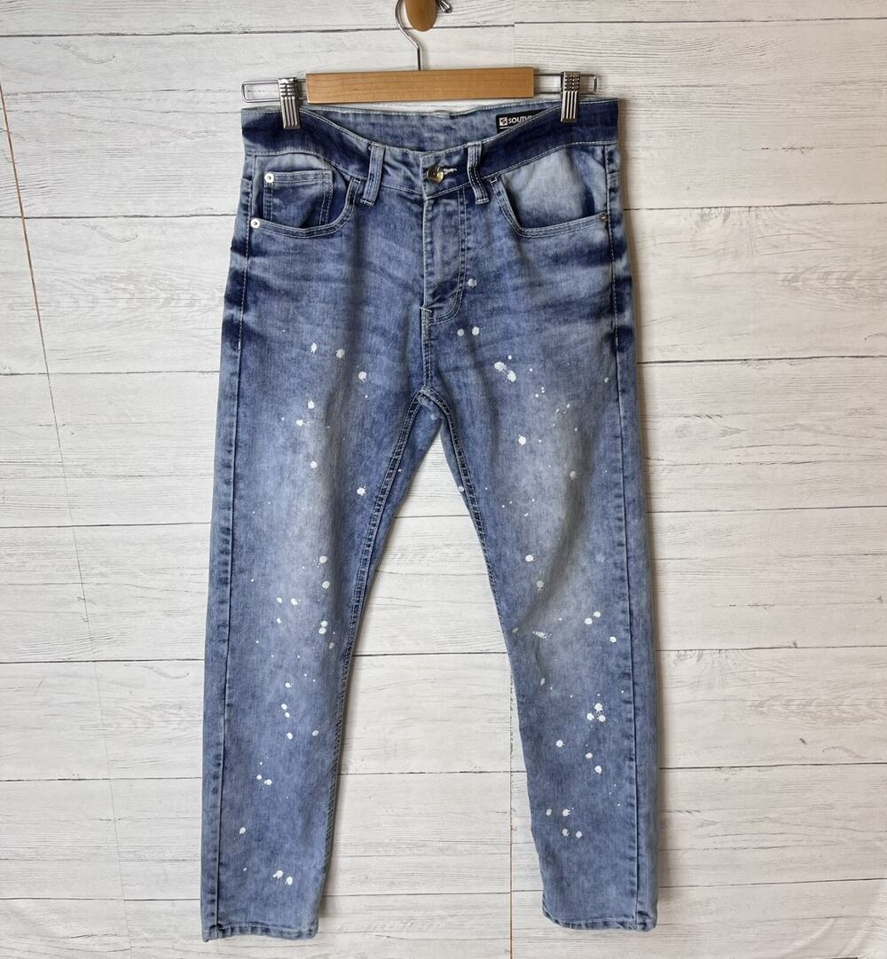 Southpole Jeans Mens Size 29X30 Blue Skinny Paint Splatter Medium Wash Denim